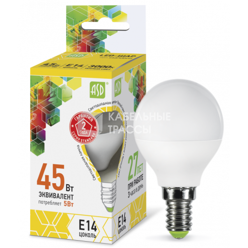 Лампа светодиодная LED-ШАР-standard 5Вт 230В Е14 3000К 450Лм | 4690612002125 | ASD