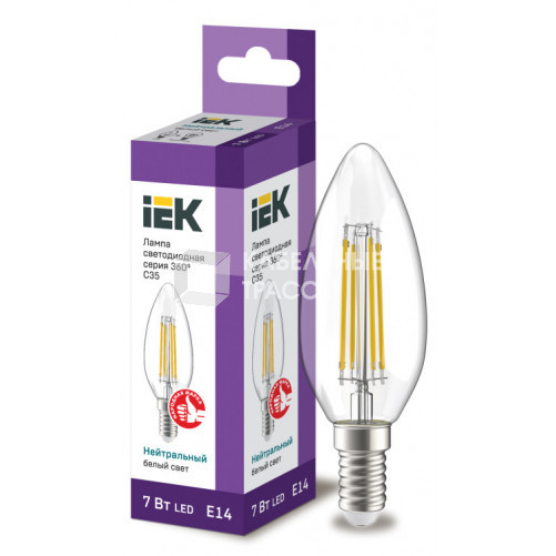 Лампа светодиодная C35 свеча прозрачная 7Вт 230В 4000К E14 серия 360° | LLF-C35-7-230-40-E14-CL | IEK