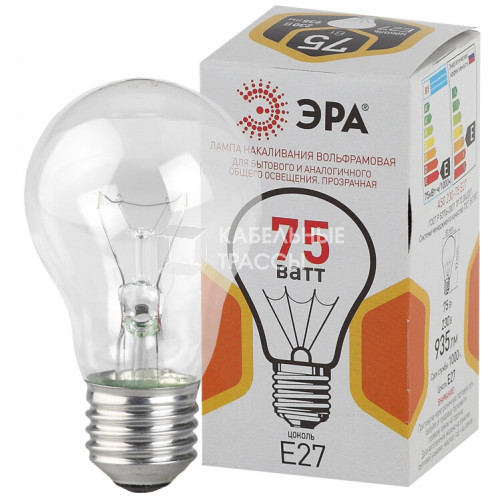 Лампа накаливания ЛОН A50 75-230-Е27-CL груша 75Вт 230В Е27 цв. упаковка | Б0039123 | ЭРА