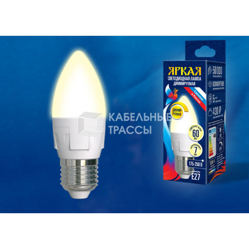 Лампа светодиодная LED-C37 7W/3000K/E27/FR/DIM PLP01WH LED, димм.. «свеча», мат, серия Яркая, пр-во Россия, 3000К . | UL-00004297 | Uniel