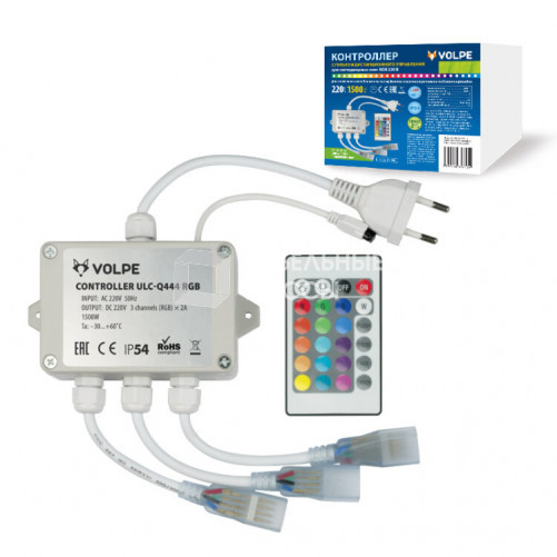Контроллер для управления LED RGB ULS-5050 лентами 220В, ULC-Q444 RGB WHITE 3 выхода, 1440Вт, с пультом ДУ ИК. | UL-00002275 | Volpe