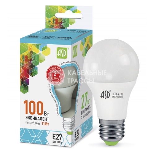 Лампа светодиодная LED-A60-standard 11Вт 230В Е27 4000К 990Лм | 4690612001715 | ASD