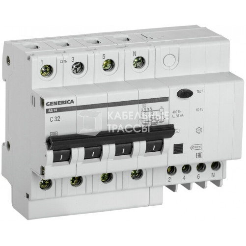 Выключатель автоматический дифференциального тока АД14 4п 32А C 32А тип AC (6,5 мод) GENERICA | MAD15-4-032-C-030 | IEK