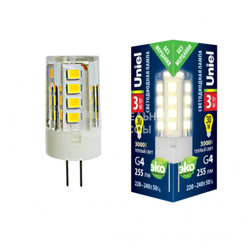 Лампа светодиодная LED-JC-220/3W/3000K/G4/CL GLZ09TR LED, прозр 3000К | UL-00006742 | Uniel