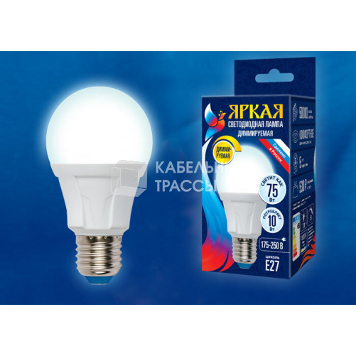 Лампа светодиодная LED-A60 10W/4000K/E27/FR/DIM PLP01WH LED, димм.. 