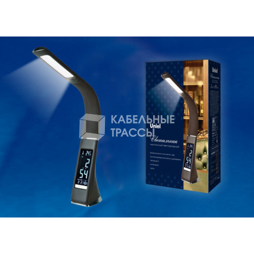 Светильник настольный TLD-542 Black/LED/300Lm/5000K/Dimmer c часами календарем Т 5W сенсор черн (стилизован под кожу) | UL-00001816 | Uniel