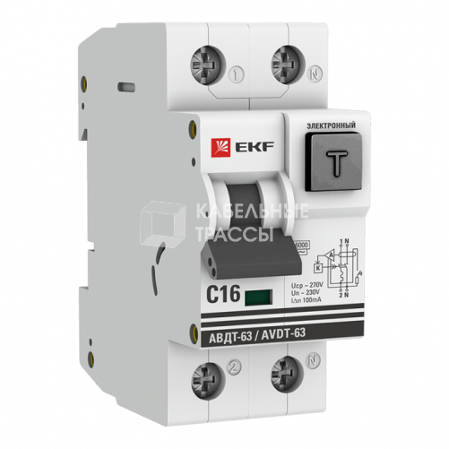 Выключатель автоматический дифференциального тока АВДТ-63 16А/100мА (характеристика C, электронный, тип АС) 6кА PROxima | DA63-16-100e-AC | EKF