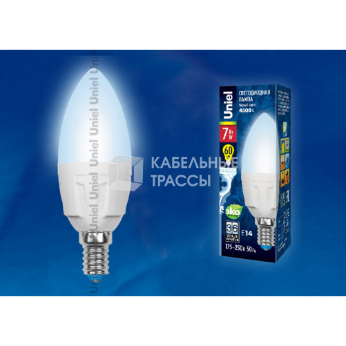 Лампа светодиодная LED-C37 7W/NW/E14/FR PLP01WH LED. «свеча», матовая. серия Яркая, пр-во Россия, 4000K | UL-00002411 | Uniel