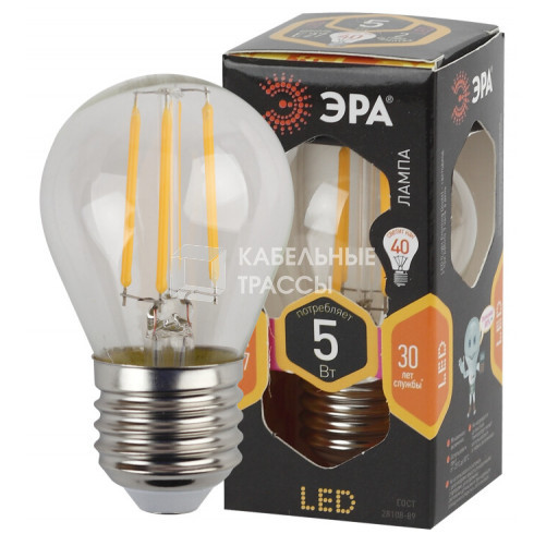 Лампа светодиодная F-LED P45-5W-827-E27 (филамент, шар, 5Вт, тепл, E27) | Б0043438 | ЭРА