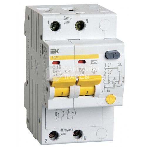 Выключатель автоматический дифференциального тока АД12 2п 16А C 10мА тип AC (3 мод) | MAD10-2-016-C-010 | IEK