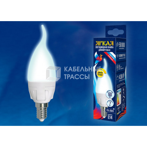 Лампа светодиодная LED-CW37 7W/4000K/E14/FR/DIM PLP01WH LED, димм.. «свеча на ветру», мат, серия Яркая, пр-во Россия, 4000К . | UL-00004298 | Uniel