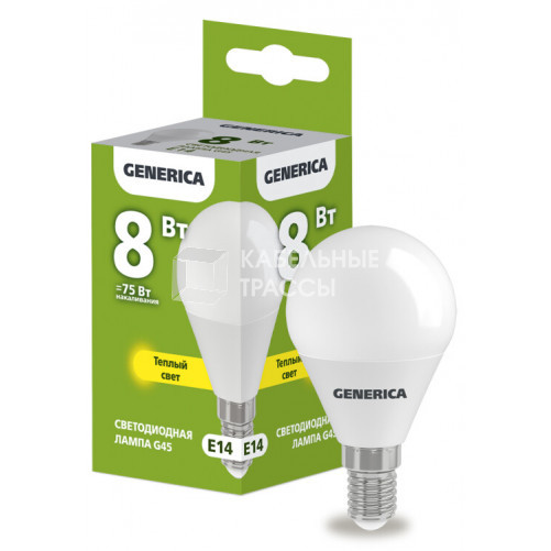 Лампа светодиодная G45 шар 8Вт 230В 3000К E14 GENERICA | LL-G45-08-230-30-E14-G | IEK