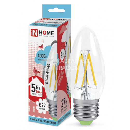 Лампа светодиодная LED-СВЕЧА-deco 5Вт 230В Е27 4000К 450Лм прозр | 4690612007595 | IN HOME