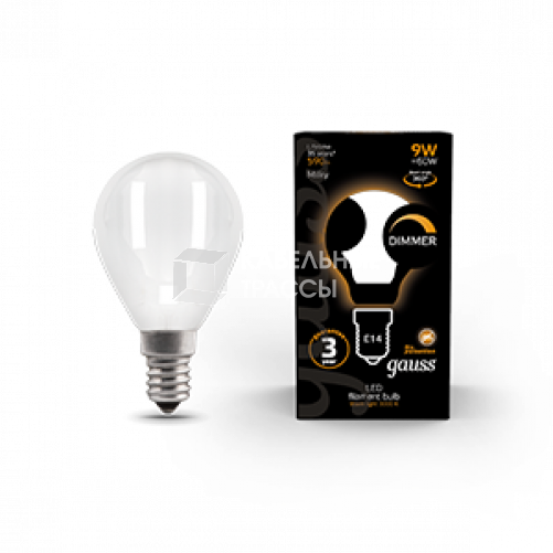 Лампа светодиодная Filament Шар 9W 590lm 3000К Е14 milky диммируемая LED 1/10/50 | 105201109-D | Gauss