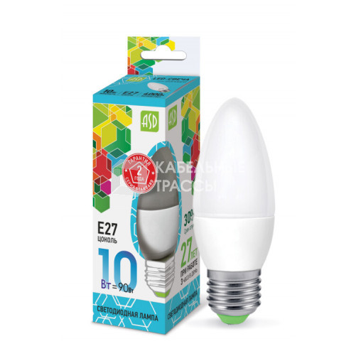 Лампа светодиодная LED-СВЕЧА-standard 10Вт 230В Е27 4000К 900Лм | 4690612015545 | ASD