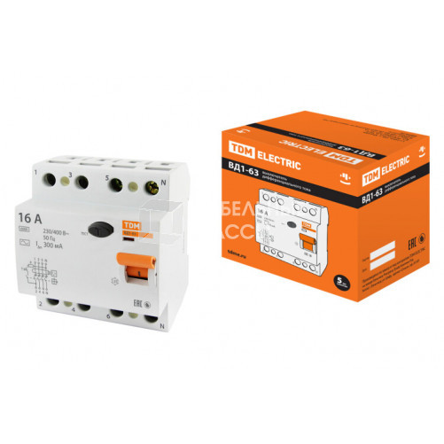 Выключатель дифференциальный (УЗО) ВД1-63 4п 16А 300мА тип AC | SQ0203-0027 | TDM