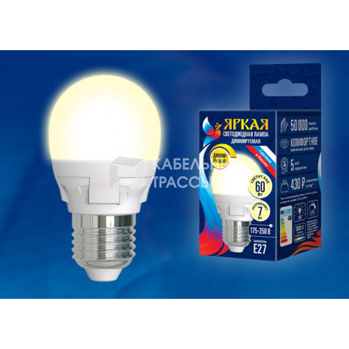 Лампа светодиодная LED-G45 7W/3000K/E27/FR/DIM PLP01WH LED, димм.. «шар», мат, серия Яркая, пр-во Россия, 3000К . | UL-00004303 | Uniel