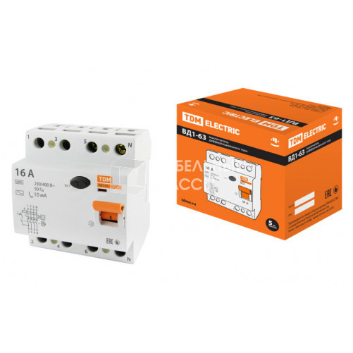 Выключатель дифференциальный (УЗО) ВД1-63 4п 16А 10мА тип AC | SQ0203-0026 | TDM