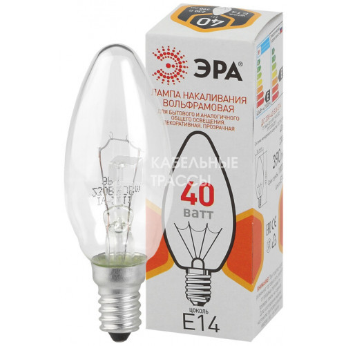 Лампа накаливания ЛОН ДС (B36) свечка 40Вт 230В E14 цв. упаковка | Б0039127 | ЭРА