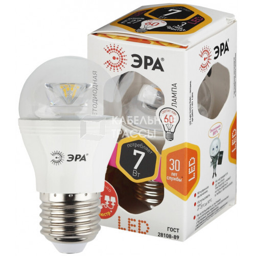 Лампа светодиодная LED P45-7W-827-E27-Clear (диод,шар,7Вт,тепл,E27) | Б0017243 | ЭРА