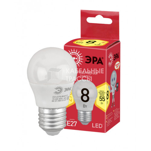 Лампа cветодиодная ECO LED P45-8W-827-E27 (диод, шар, 8Вт, тепл, E27) (10/100/3600) | Б0030024 | ЭРА