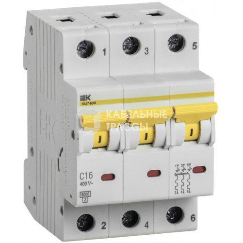 Выключатель автоматический трехполюсный ВА47-60M 3Р 16А 6кА С | MVA31-3-016-C | IEK