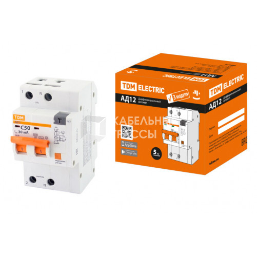 Выключатель автоматический дифференциального тока АД12 2Р 50А 30мА | SQ0204-0120 | TDM