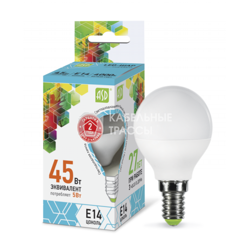 Лампа светодиодная LED-ШАР-standard 5Вт 230В Е14 4000К 450Лм | 4690612002149 | ASD
