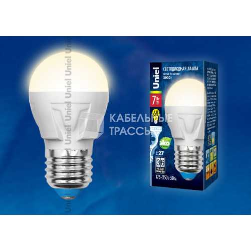 Лампа светодиодная LED-G45 7W/WW/E27/FR PLP01WH LED. «шар», матовая. серия Яркая, пр-во Россия, 3000K | UL-00002420 | Uniel